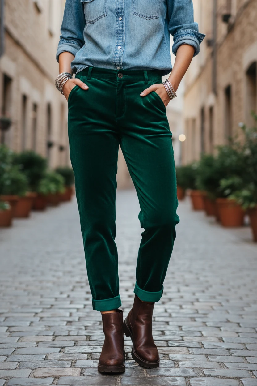 waist-down view of woman in emerald velvet pants with rolled denim shirt sleeves