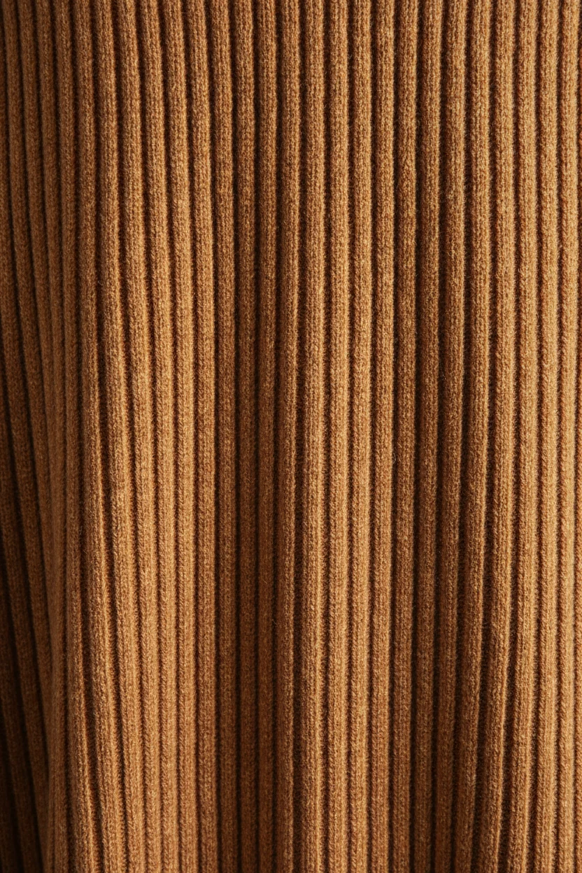 closeup of ribbed knit midi dress fabric with vertical texture in warm lighting