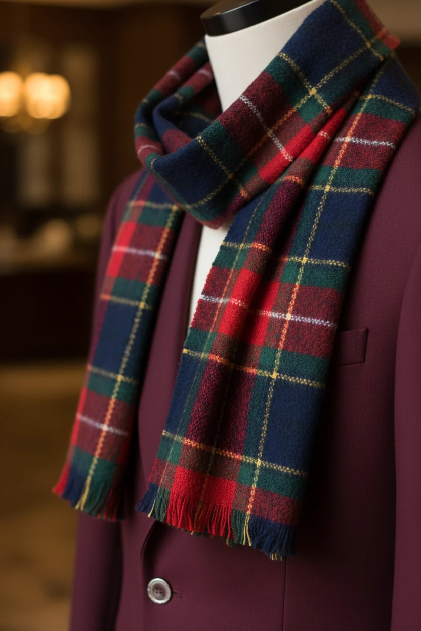 closeup of tartan scarf draped over wine red blazer