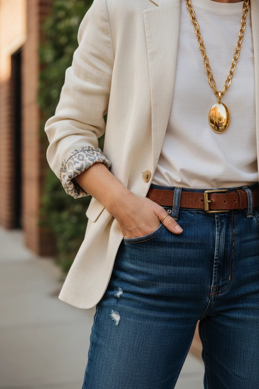 closeup rolled blazer sleeves, gold chain, straight-leg jeans