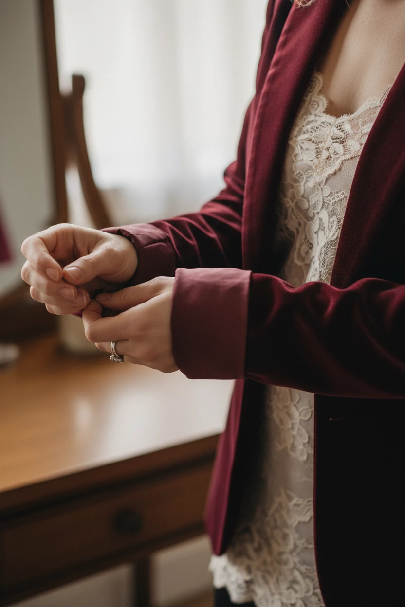 hands rolling velvet blazer sleeves, lace-trim cami visible