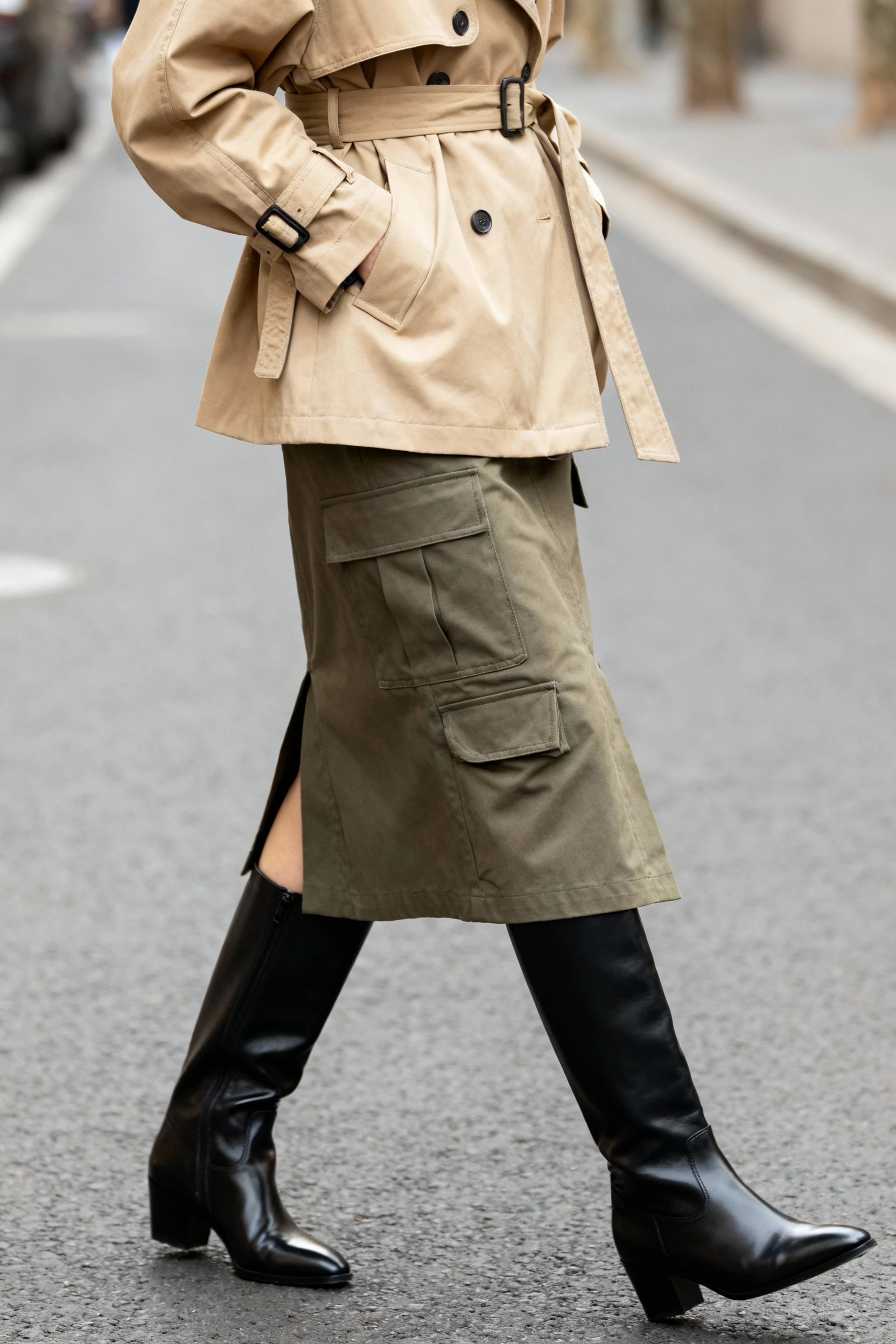 female closeup knee-high boots, cargo midi skirt, beige trench