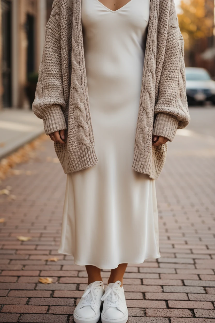 closeup satin midi slip dress under chunky cardigan, white sneakers