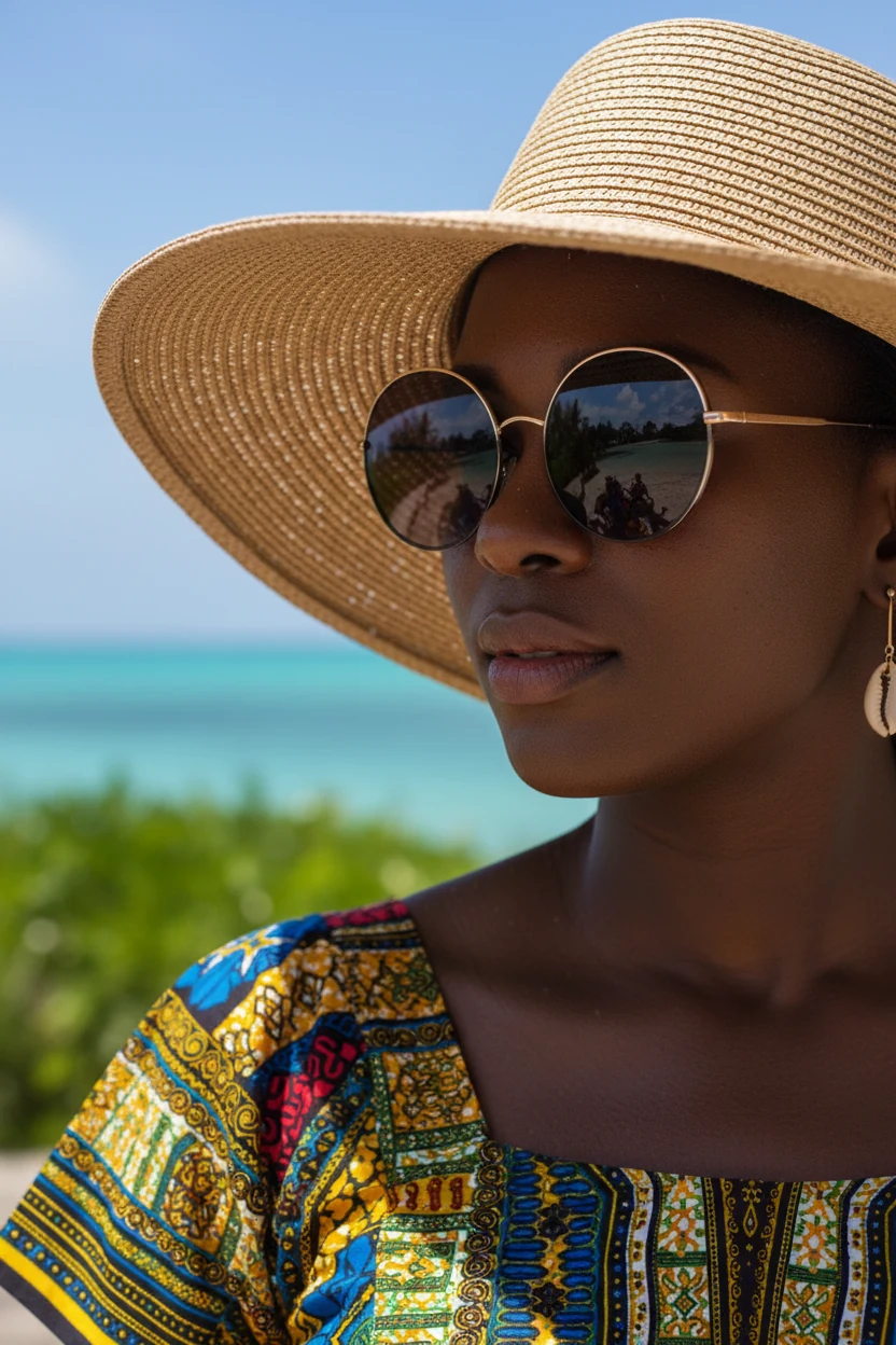 closeup Black woman, straw hat brim, oversized sunglasses, Ankara print