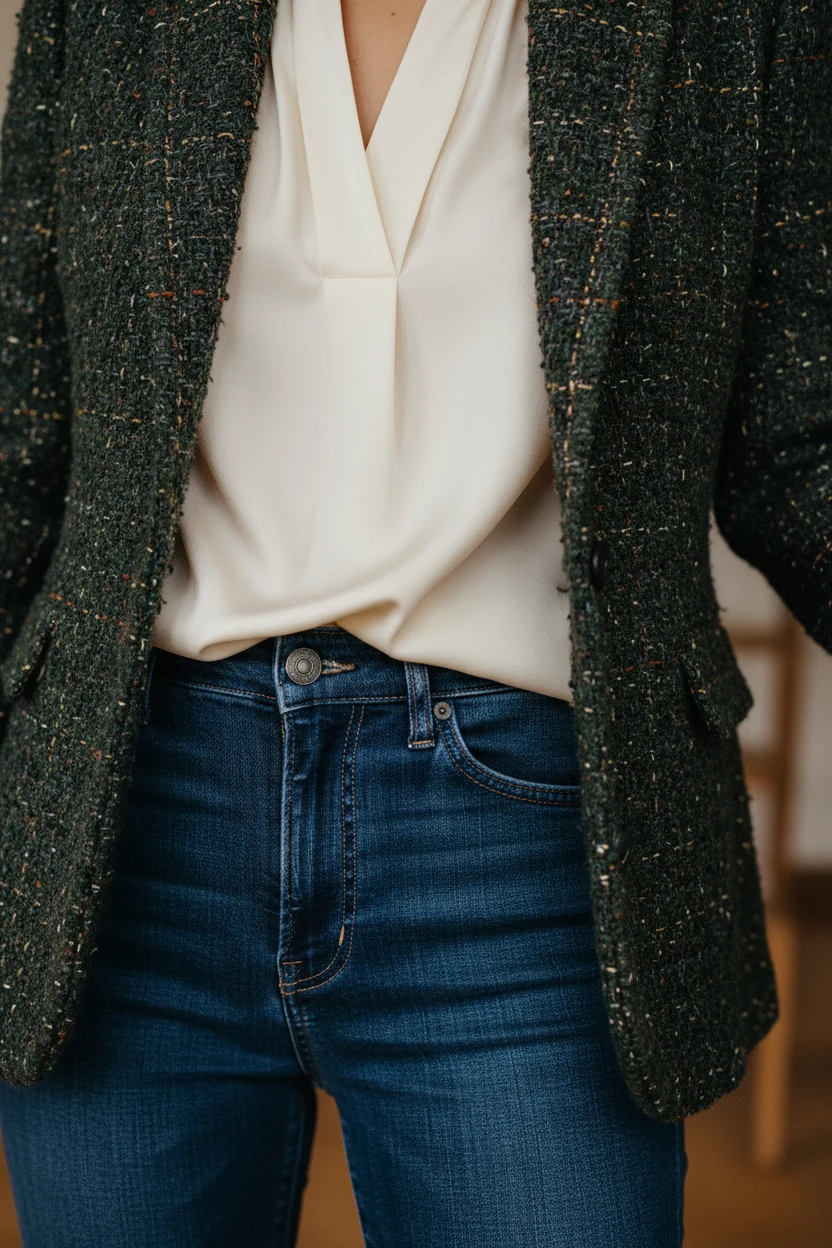 closeup tweed jacket over ivory silk blouse, dark stretch denim