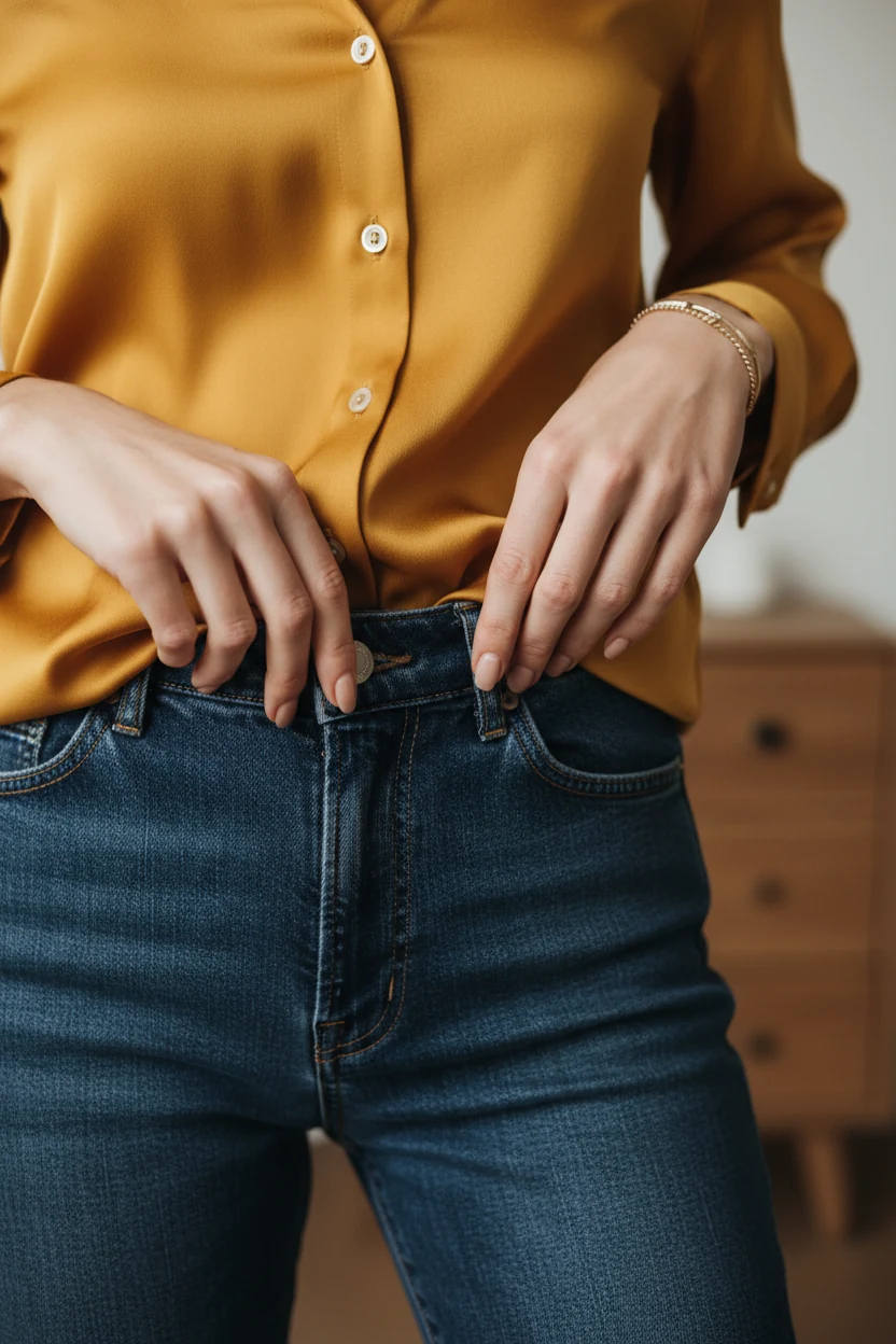 closeup female hands half-tucking mustard satin button-down