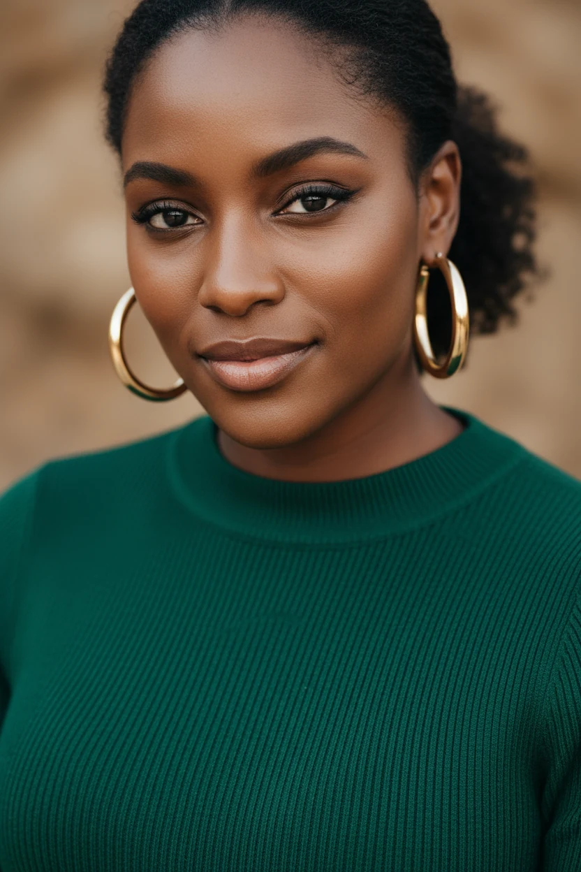closeup Black female, chunky gold hoops, emerald ribbed knit