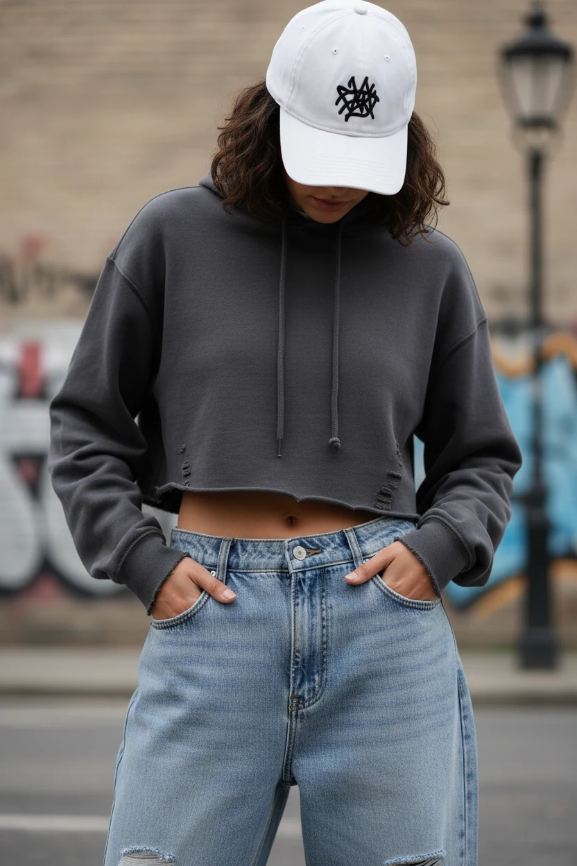 closeup low-rise baggy jeans with cropped hoodie, baseball cap