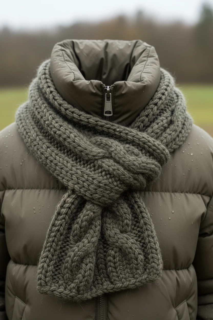 closeup of charcoal chunky knit scarf around olive puffer collar