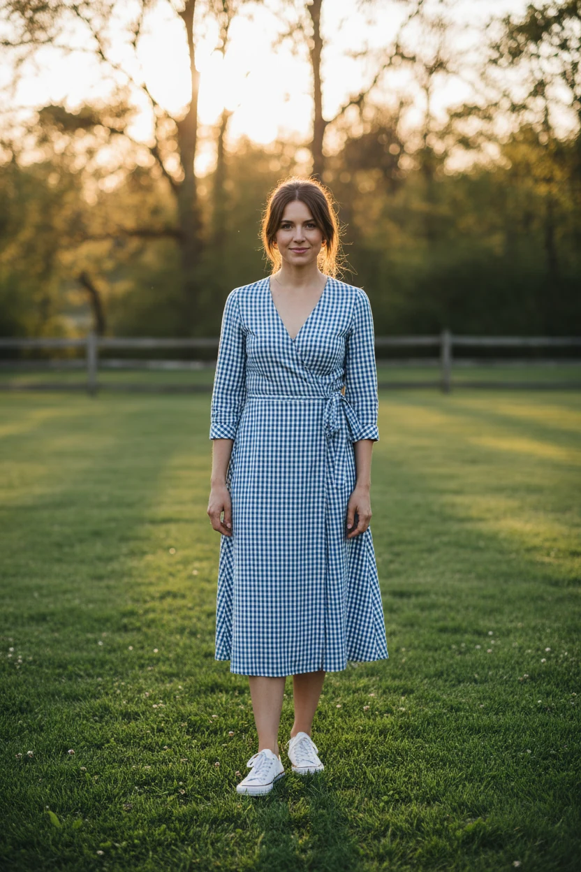 female in gingham wrap dress, white sneakers on grass