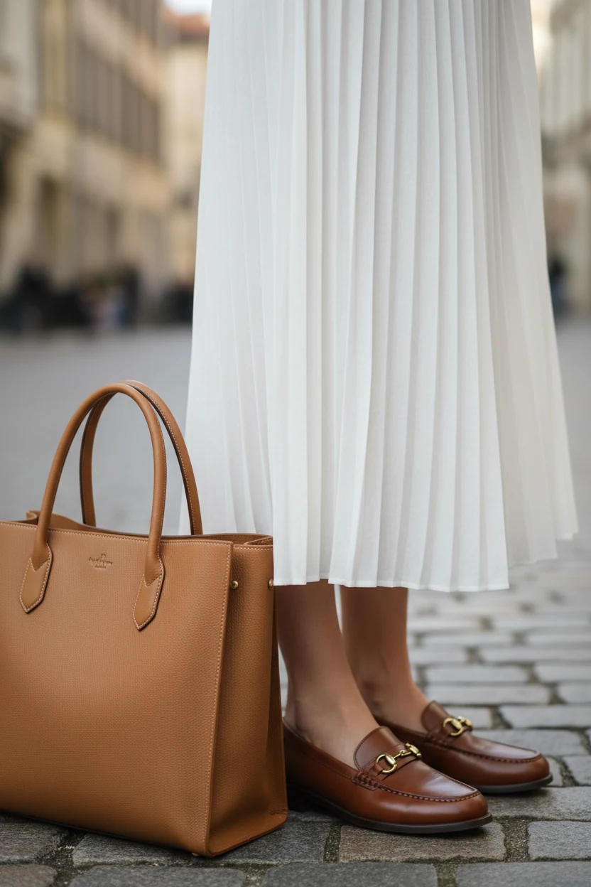 closeup female pleated white skirt, refined loafers, camel tote