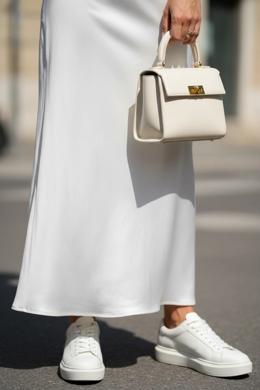 closeup white satin slip skirt, structured mini bag, clean sneakers