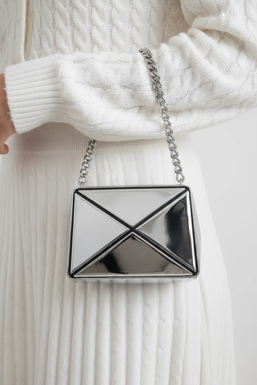 Closeup chrome mini bag against white knit blouse, skirt