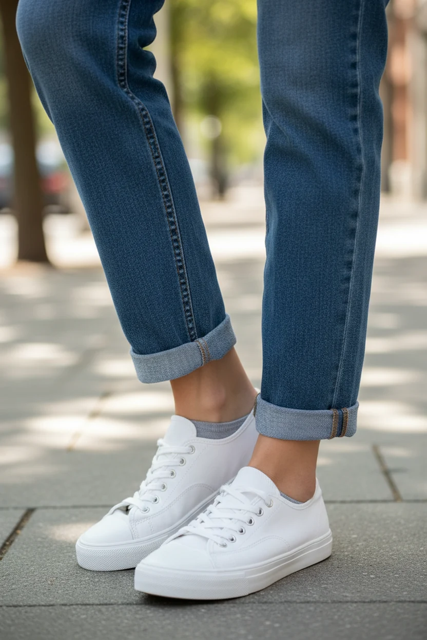 female ankles in cuffed straight jeans, low-profile sneakers
