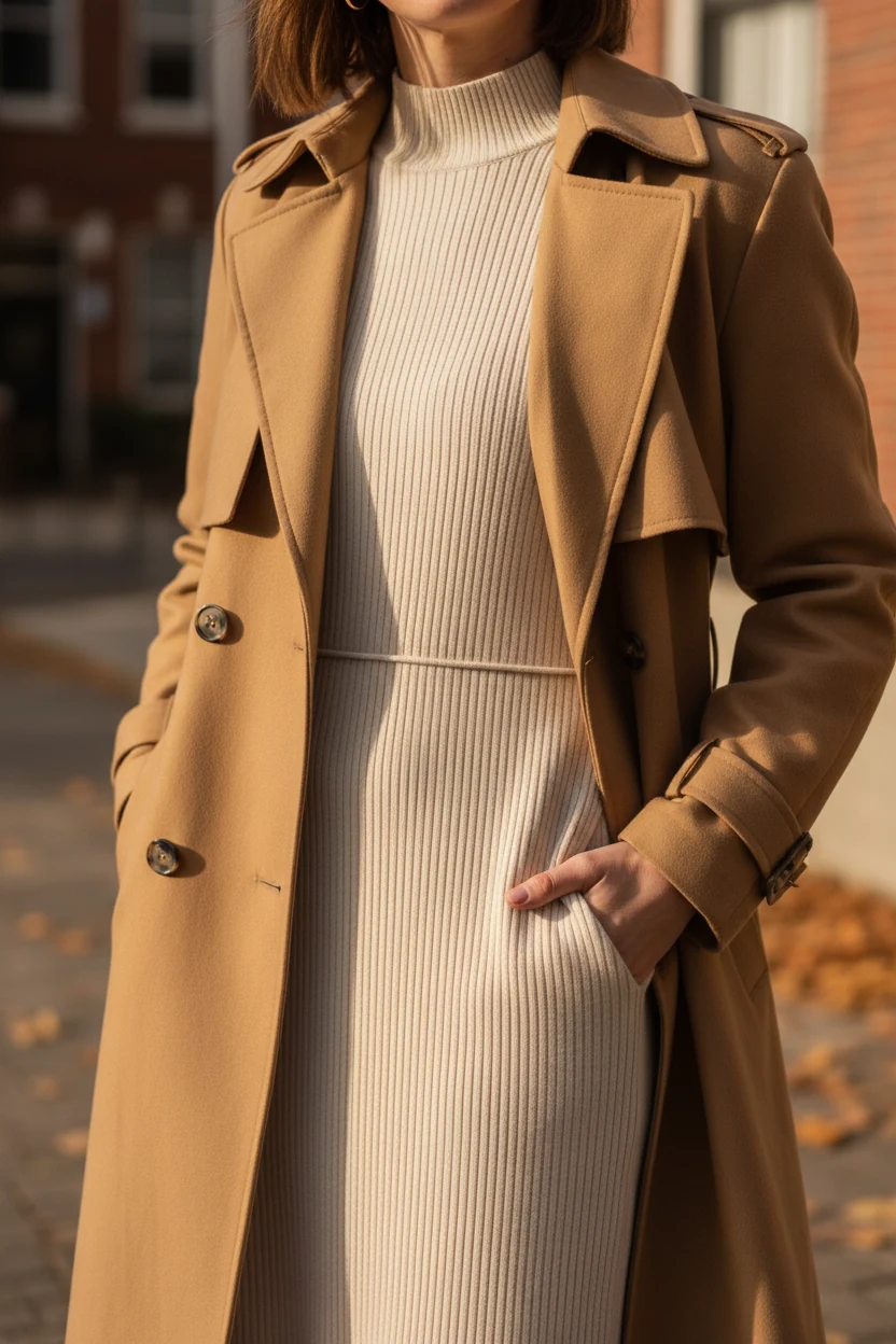 detail of female ribbed knit dress under camel trench