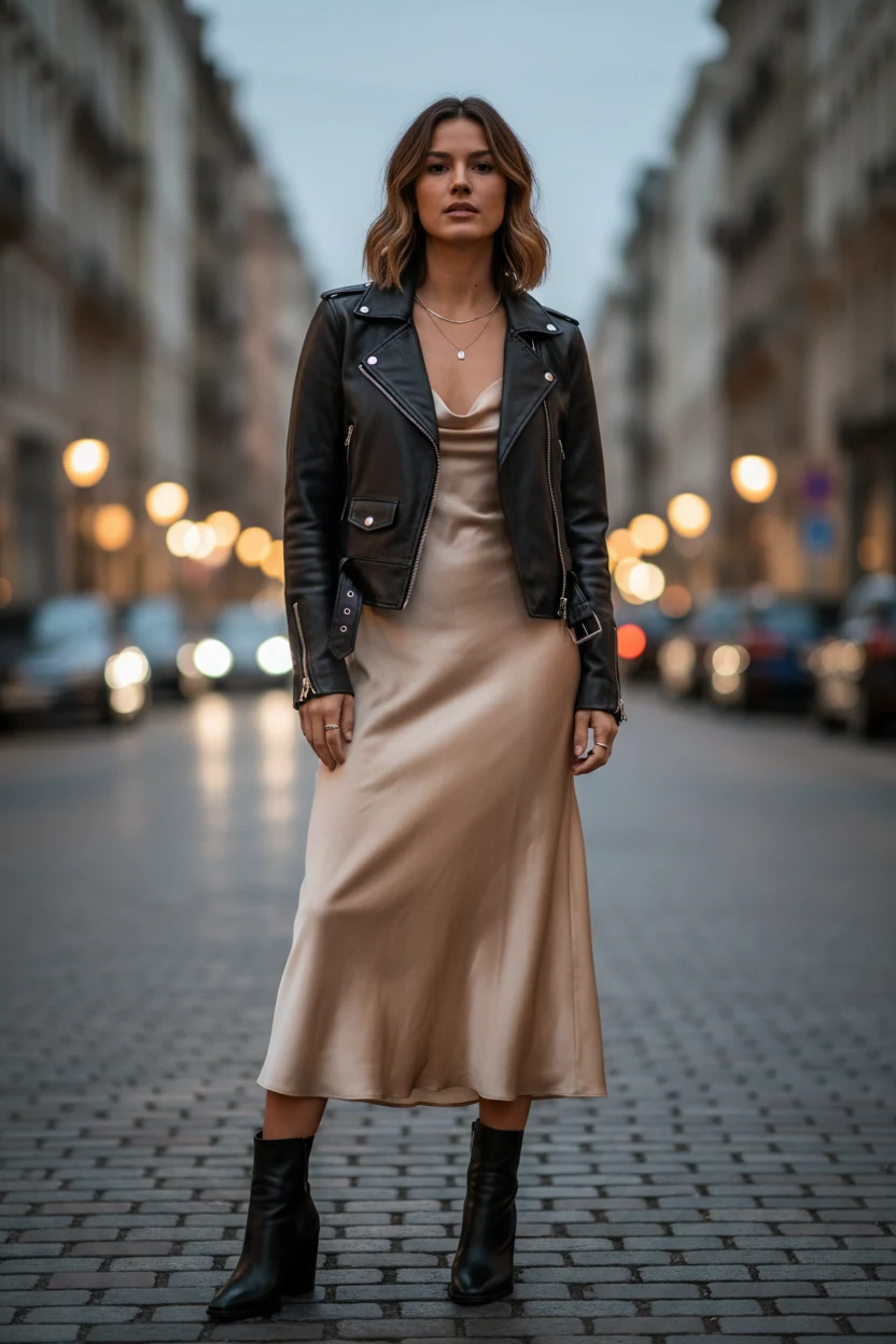 female leather jacket over champagne slip dress, ankle boots