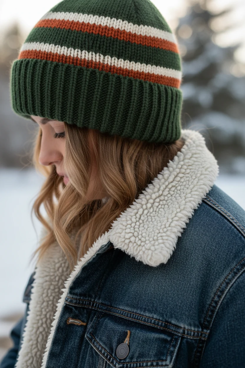 closeup female sherpa-lined denim jacket collar with knit beanie