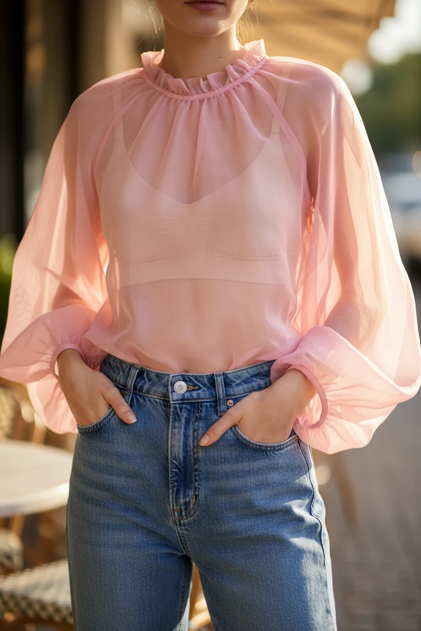 closeup sheer pink organza top, neutral bralette, high-waist jeans