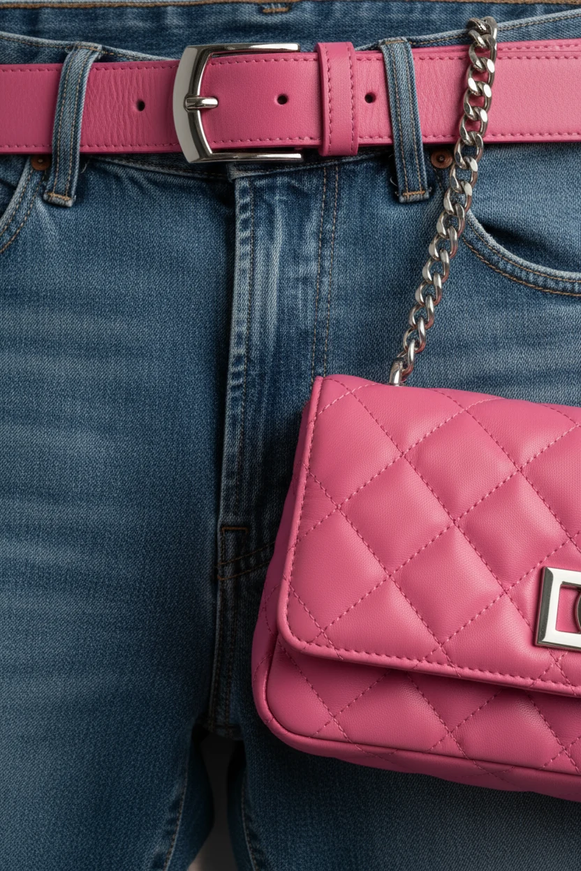 closeup mid-wash denim with hot pink belt and bag