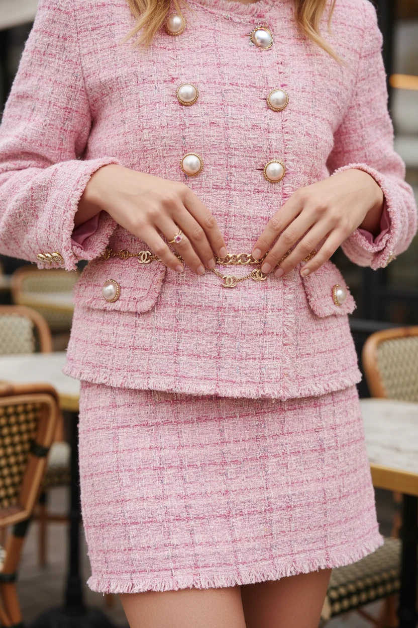 closeup pink tweed jacket buttons and mini skirt hem