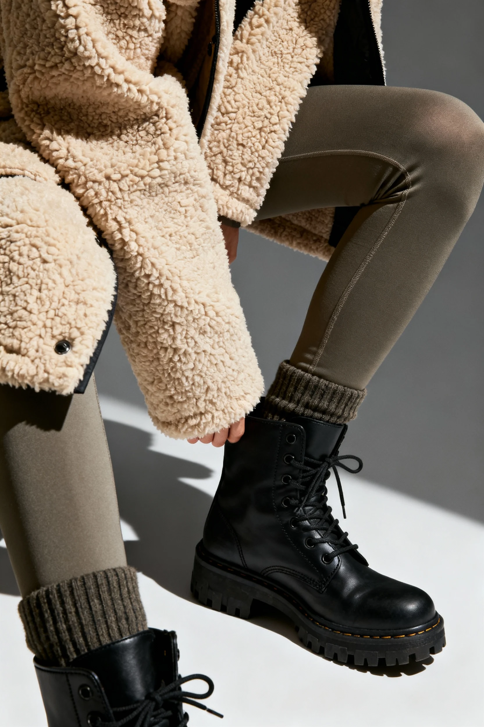 closeup sherpa shacket texture over leggings, combat boots, thick socks