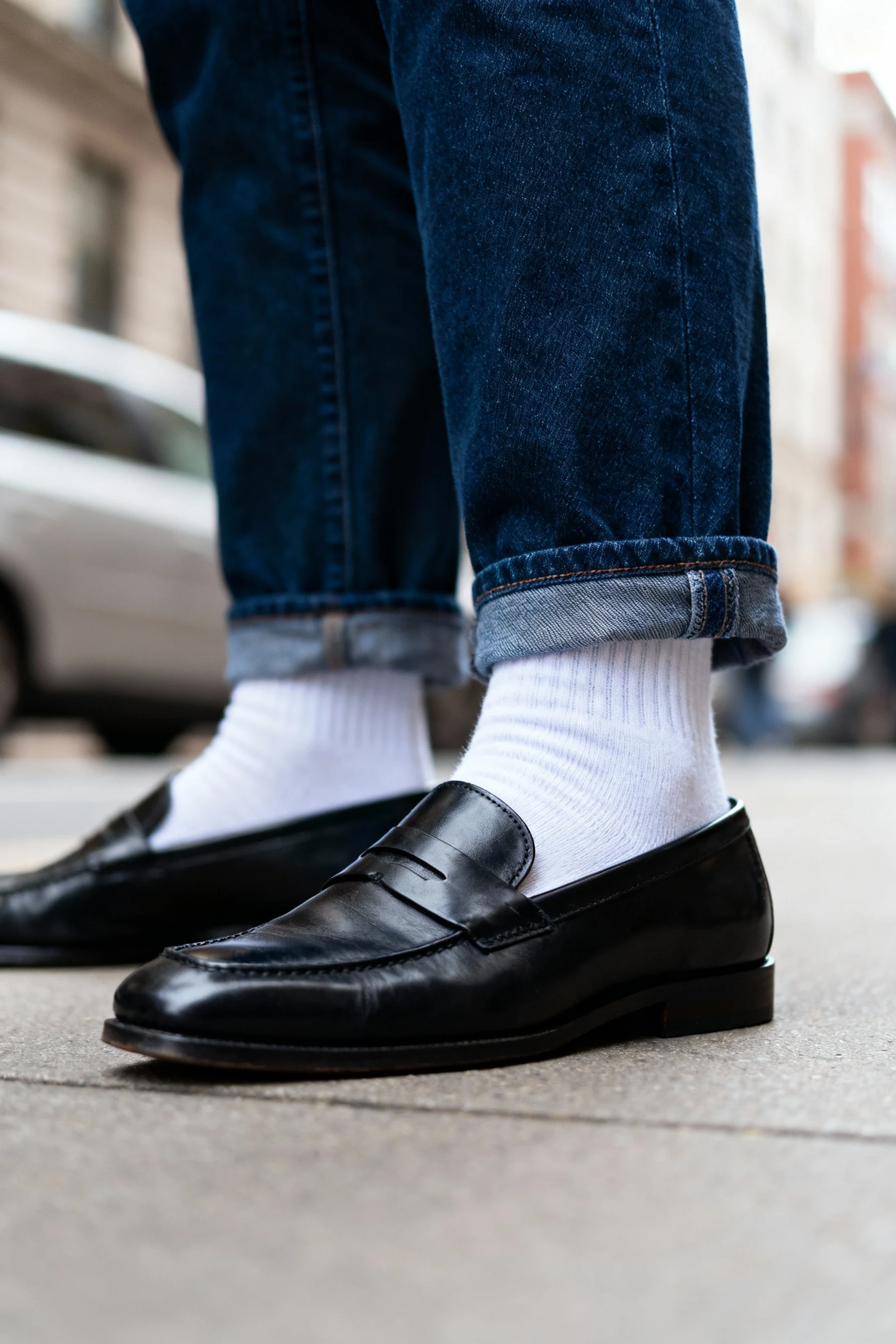 closeup black leather loafers with white socks, straight jeans