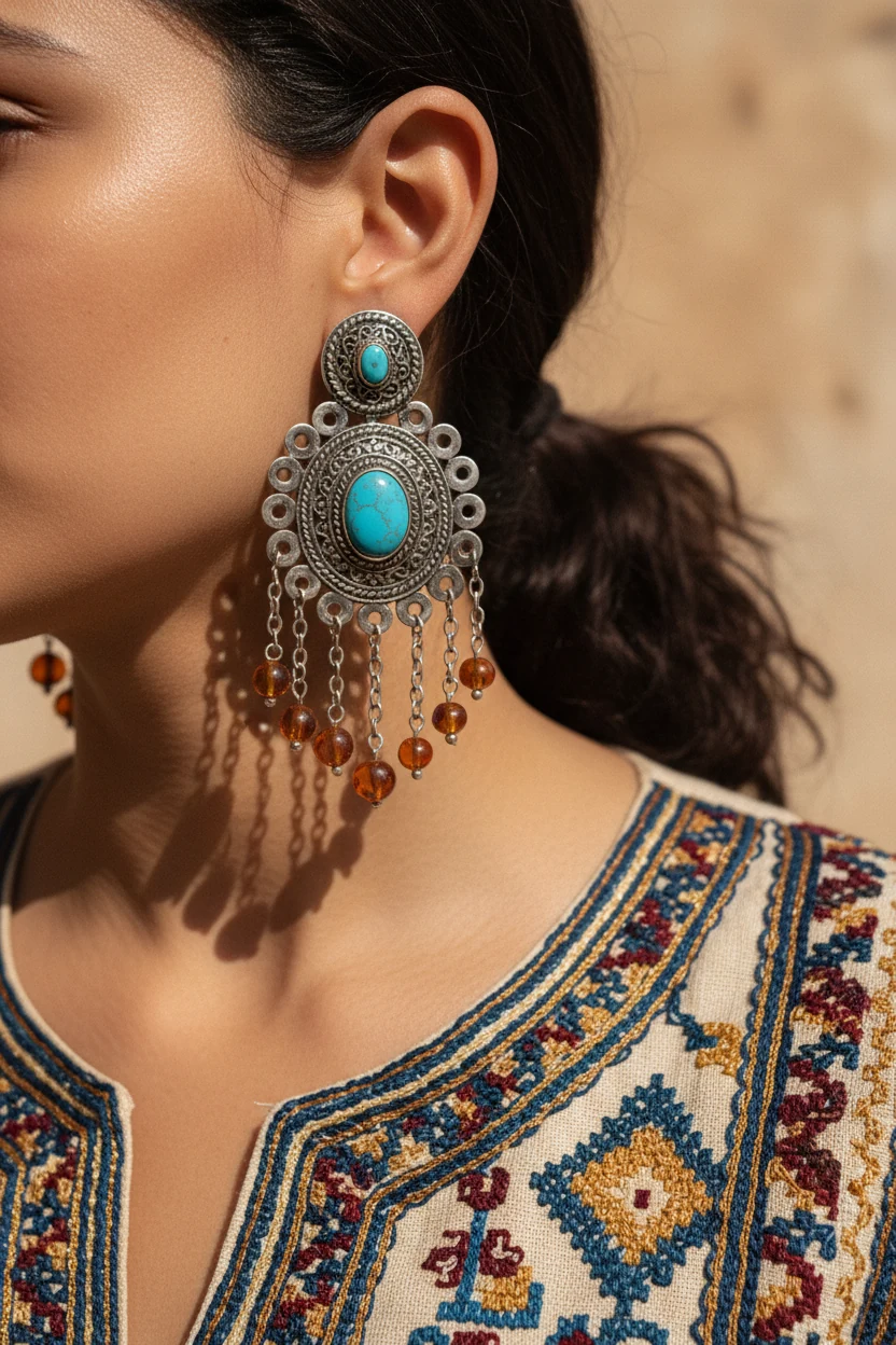 closeup female ear with bold earring, embroidered kaftan