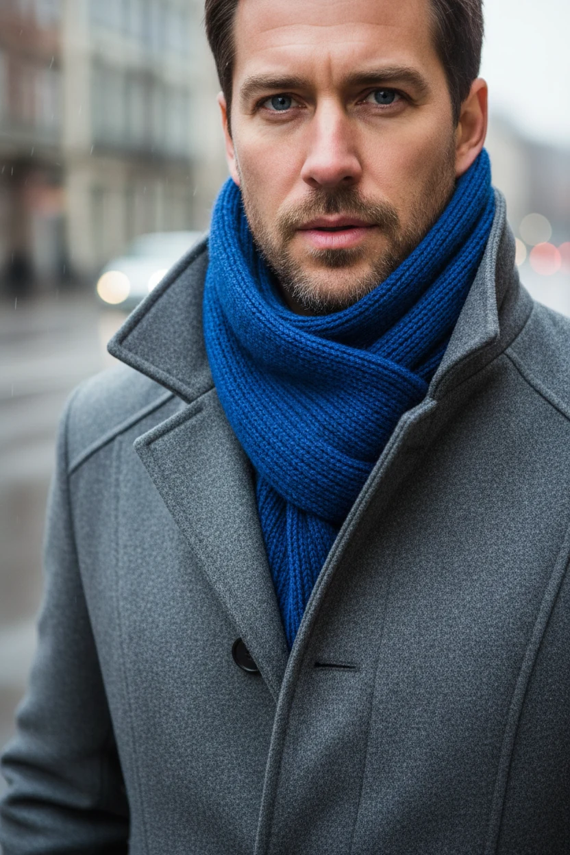 male in structured slate coat, electric blue scarf closeup