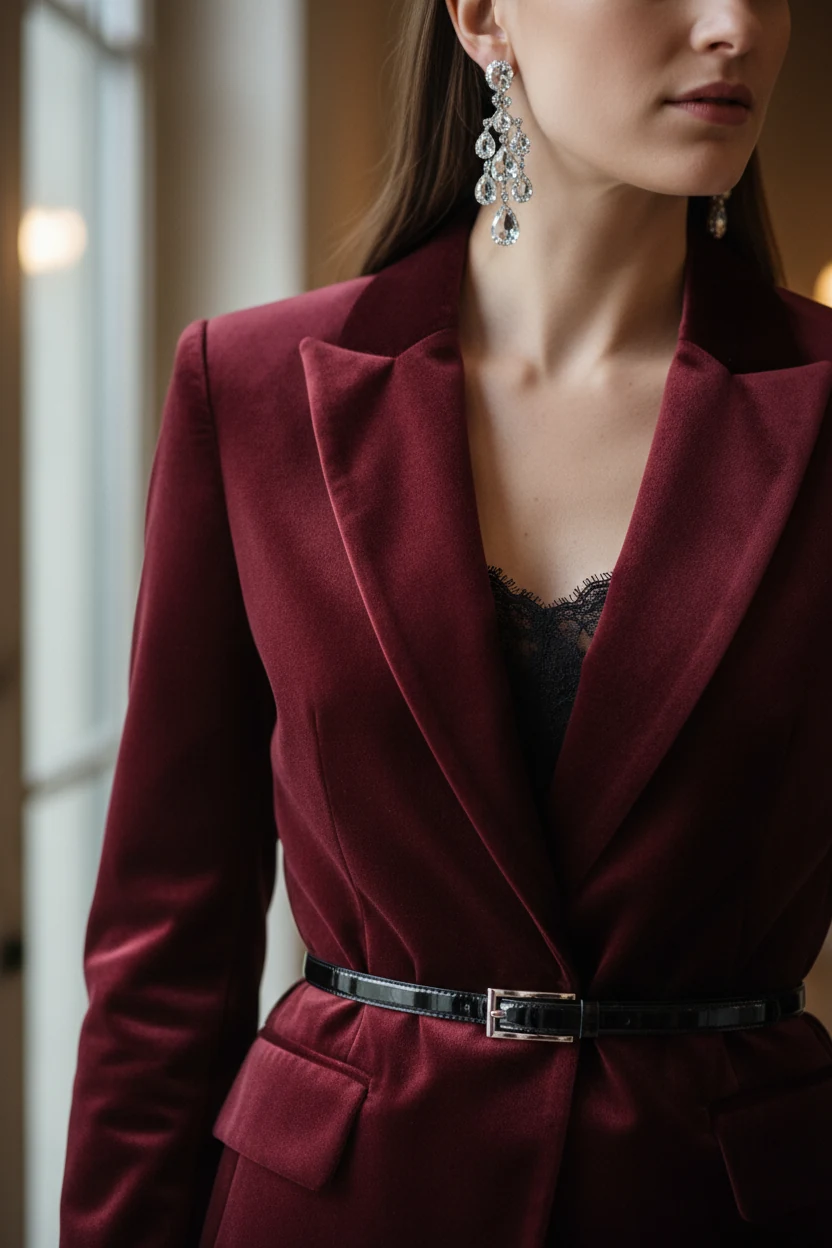 4. closeup of burgundy velvet blazer, crystal earrings, skinny belt