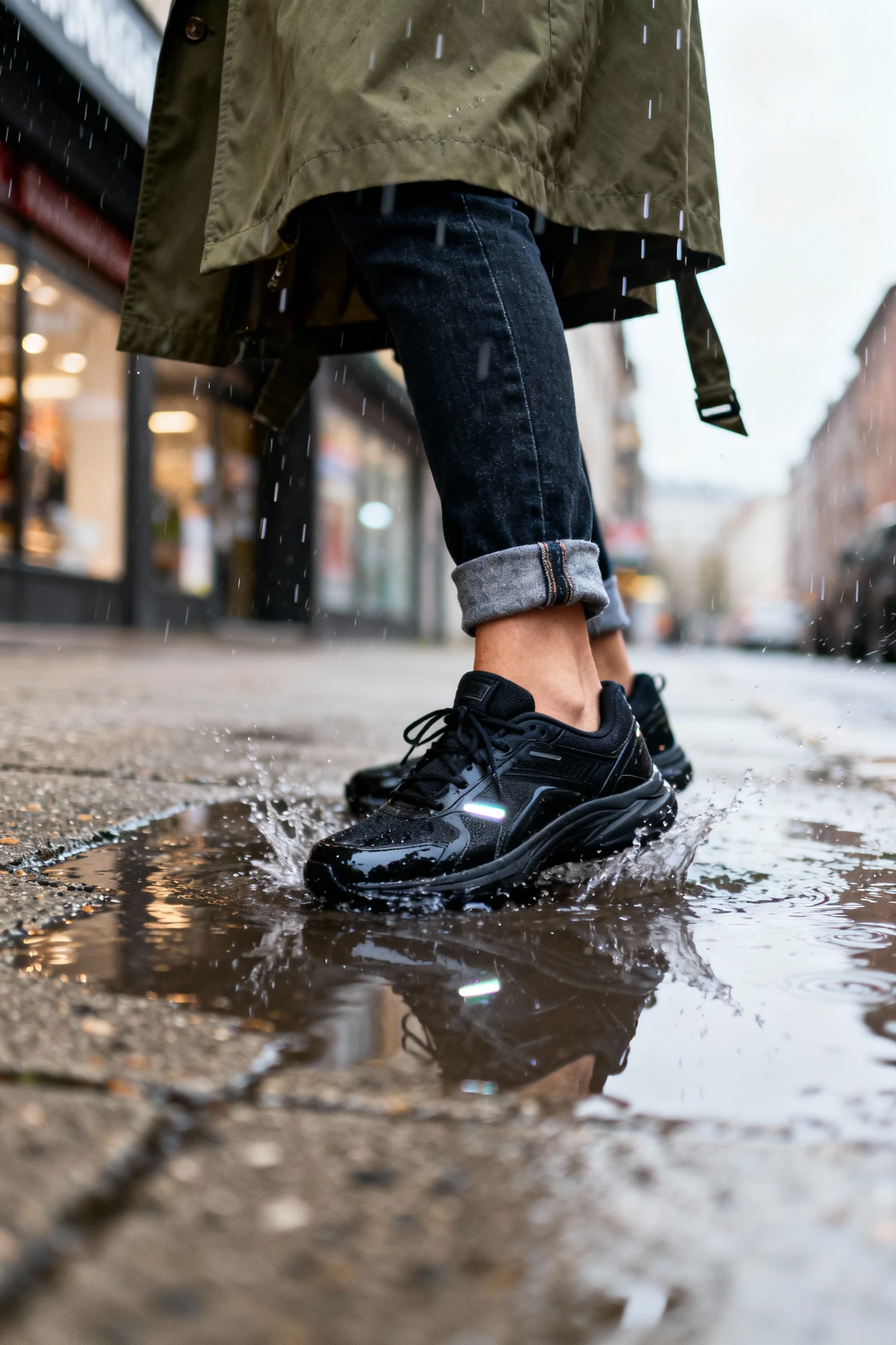 closeup female water-resistant sneakers splashing puddle, cuffed jeans, trench hem