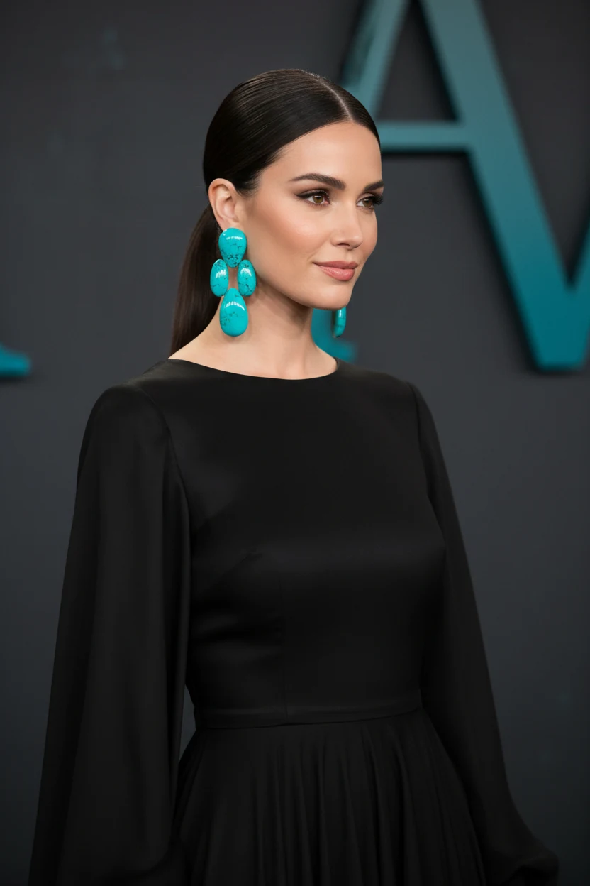 Black column dress, turquoise statement earrings, sleek ponytail closeup