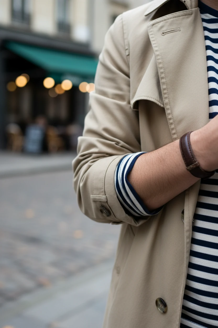 Trench coat sleeve rolled, Breton stripe tee peeking