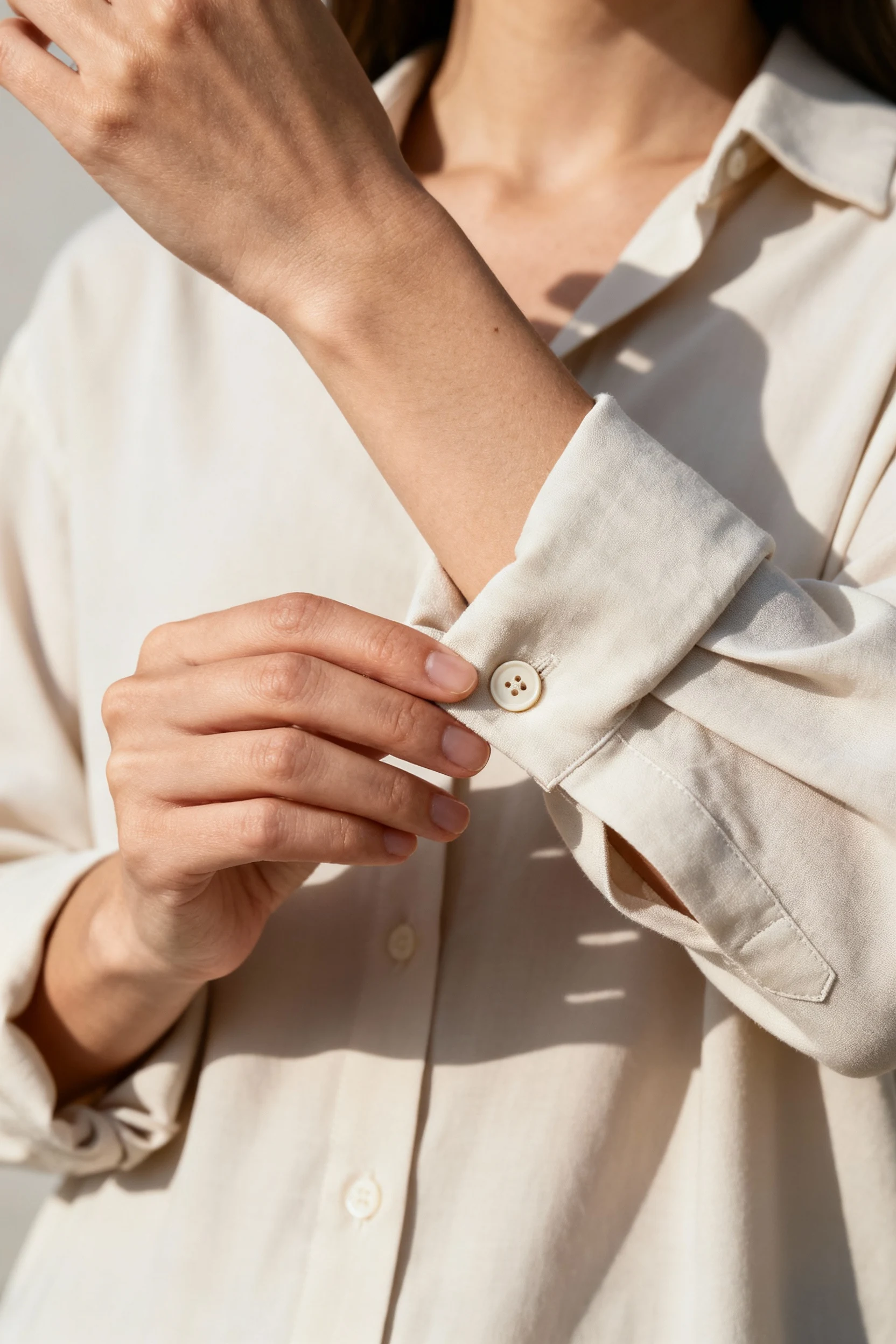 closeup female hands cuffing button-down sleeve, rolled elbow