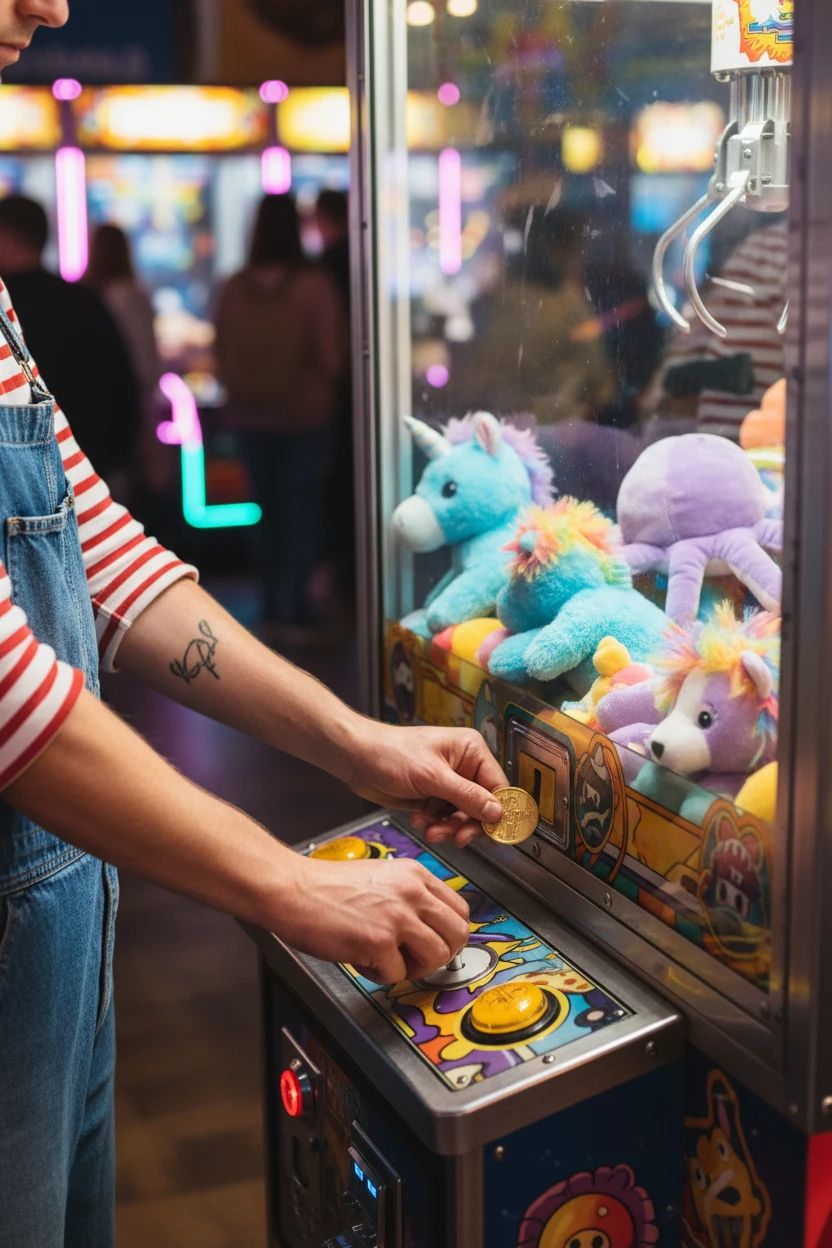 hands pushing arcade token into claw machine slot while wearing denim overalls and striped shirt sleeves