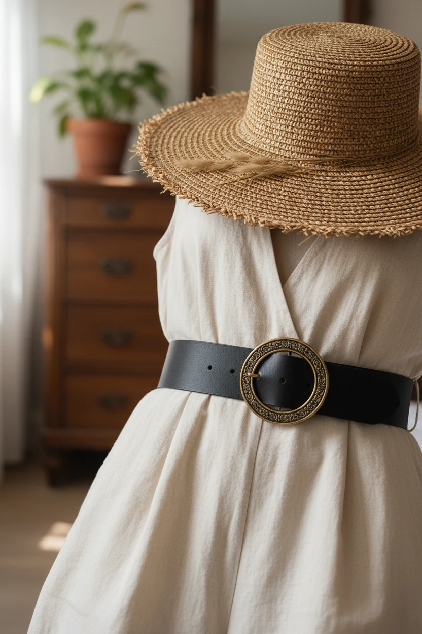detail of wicker straw hat resting on sleeveless jumpsuit with bold belt