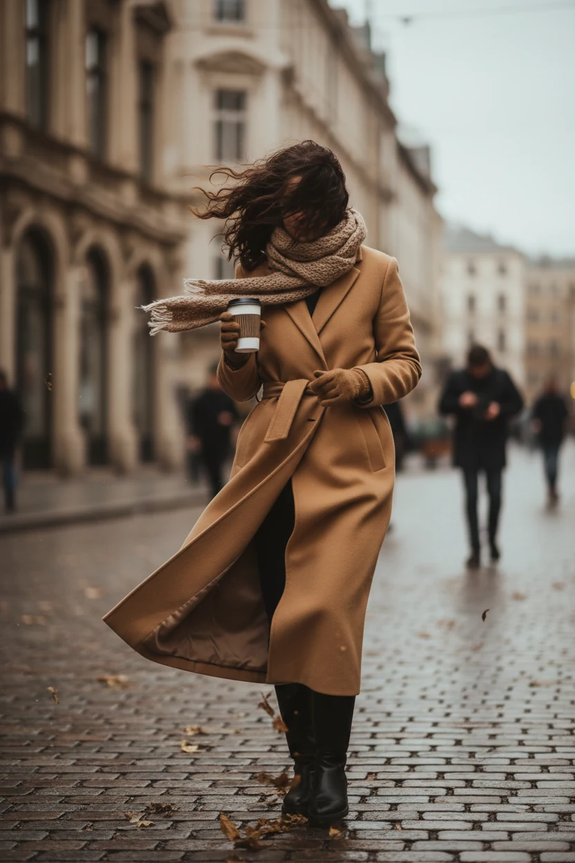 woman in camel coat holding takeaway coffee cup on windy street