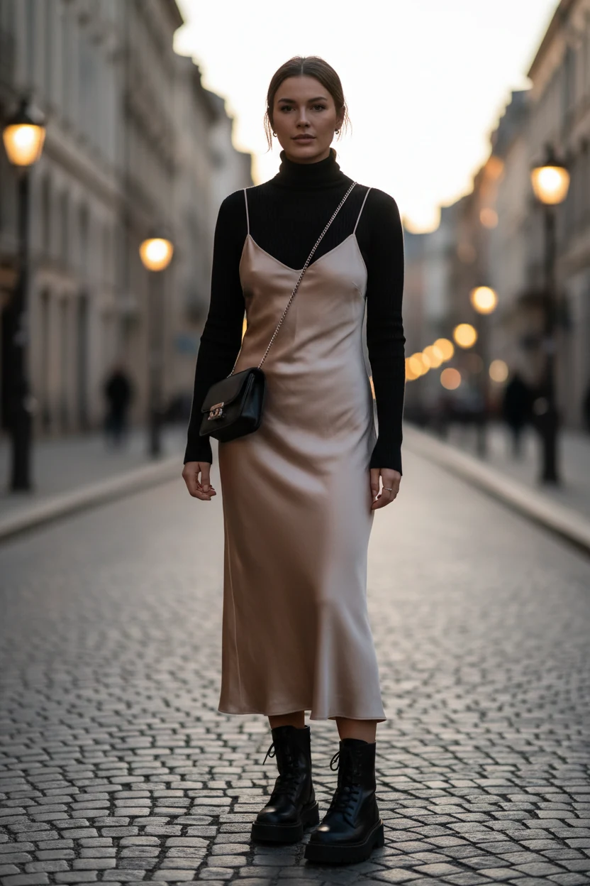 female layering black thin turtleneck under silky champagne slip dress with chunky boots
