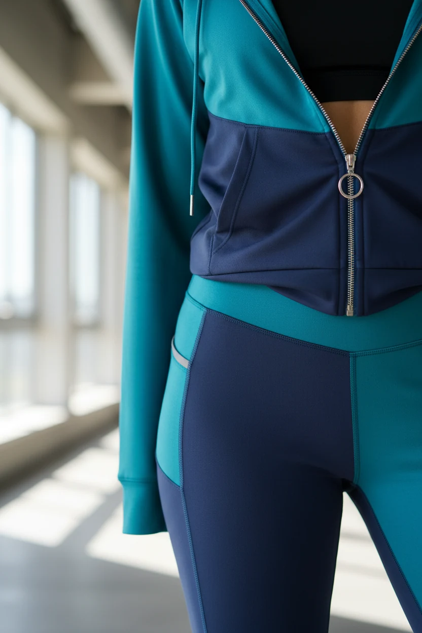 closeup of color-blocked teal and navy leggings with zip-up hoodie partially unzipped