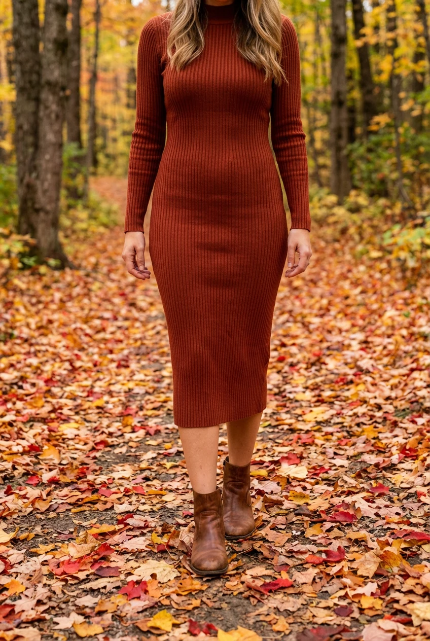 rust-colored knit midi dress paired with brown ankle boots on autumn leaves