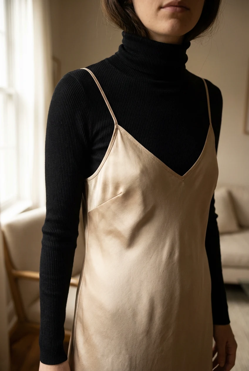 black turtleneck fabric detail under silky slip dress with soft window light