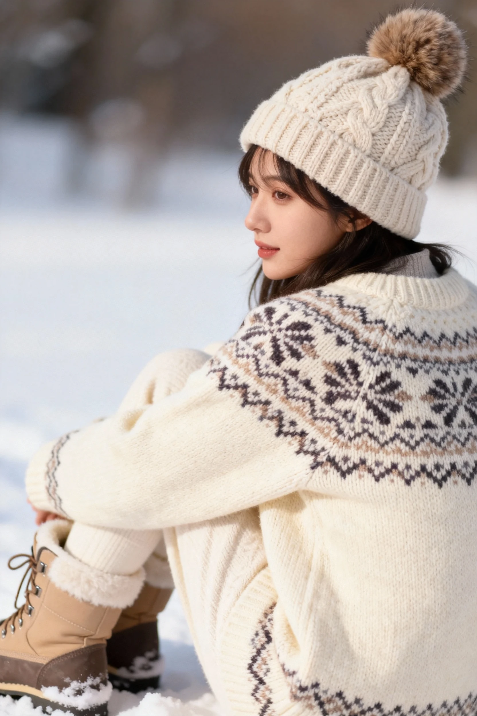 female cream Fair Isle sweater pattern, pom beanie, snow boots