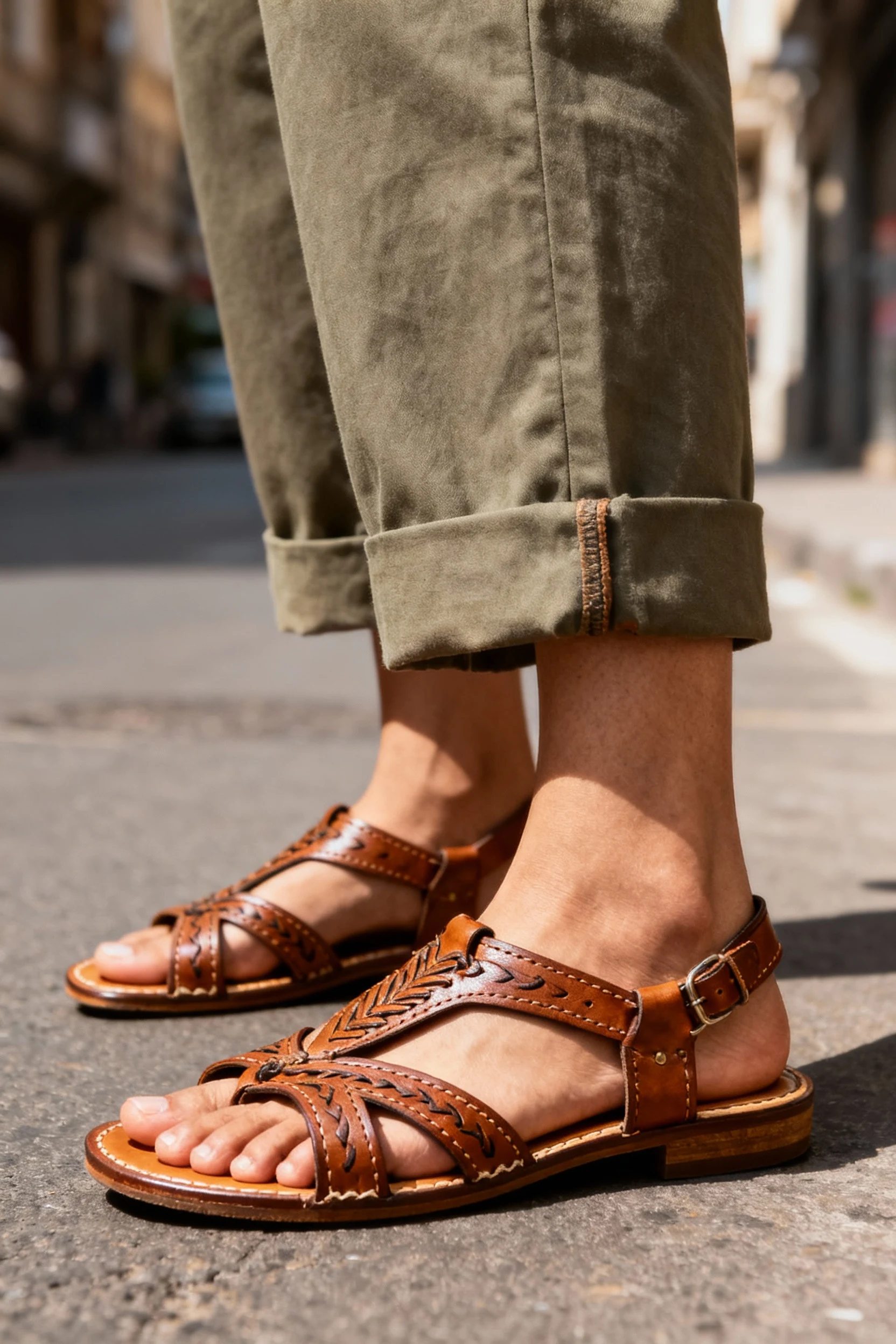 female feet in Kolhapuri sandals, cropped trouser hem