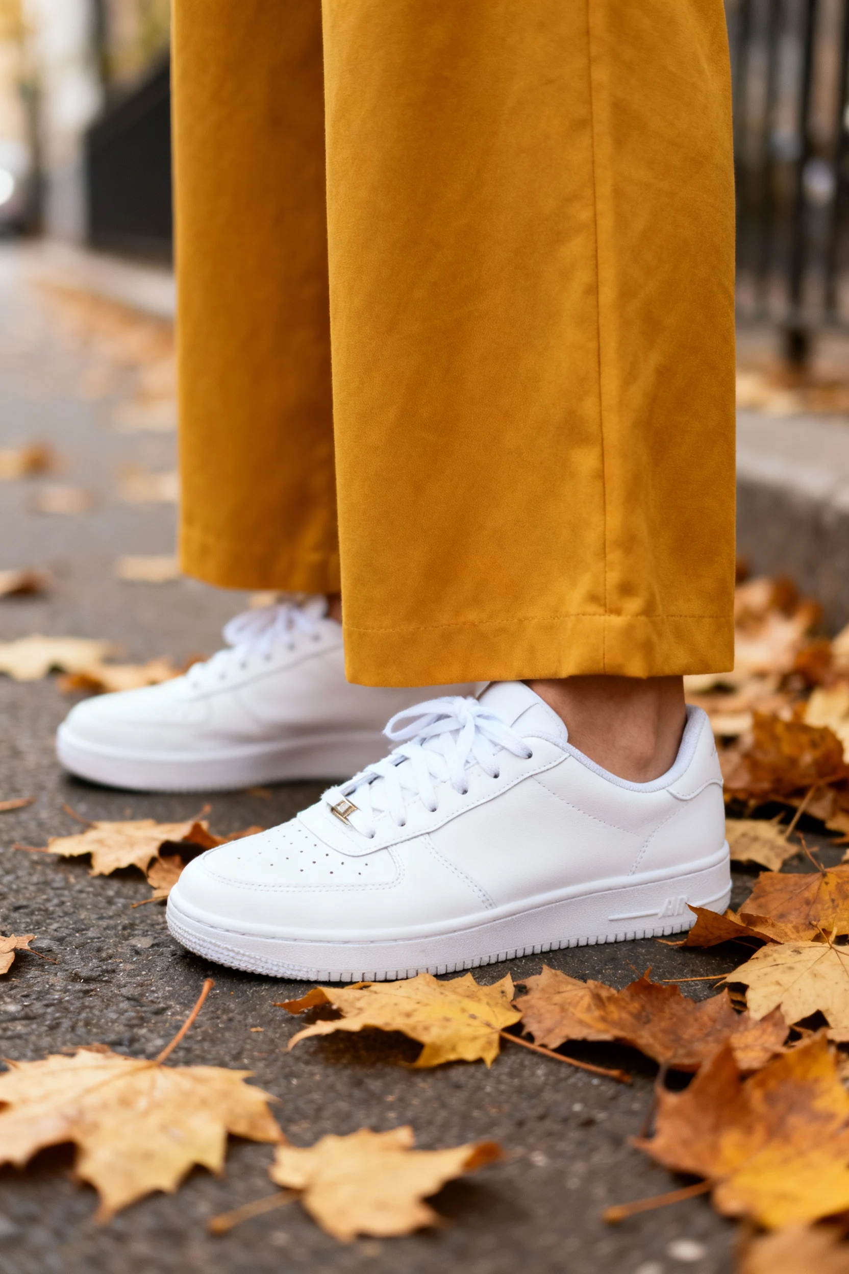 female closeup white sneakers with mustard wide-leg pants, fallen leaves