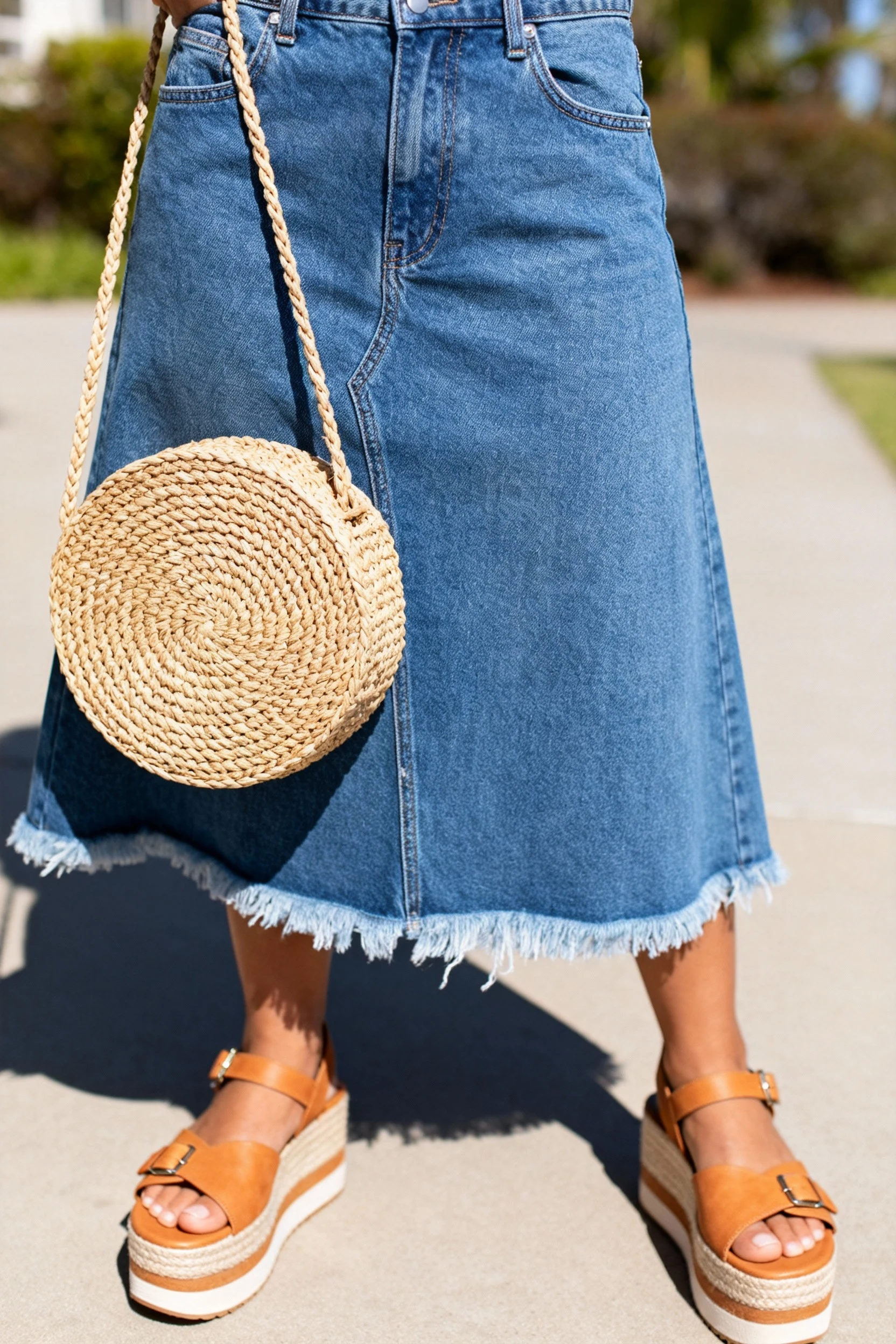 closeup of high-waisted denim A-line skirt with straw crossbody bag and tan platform sandals