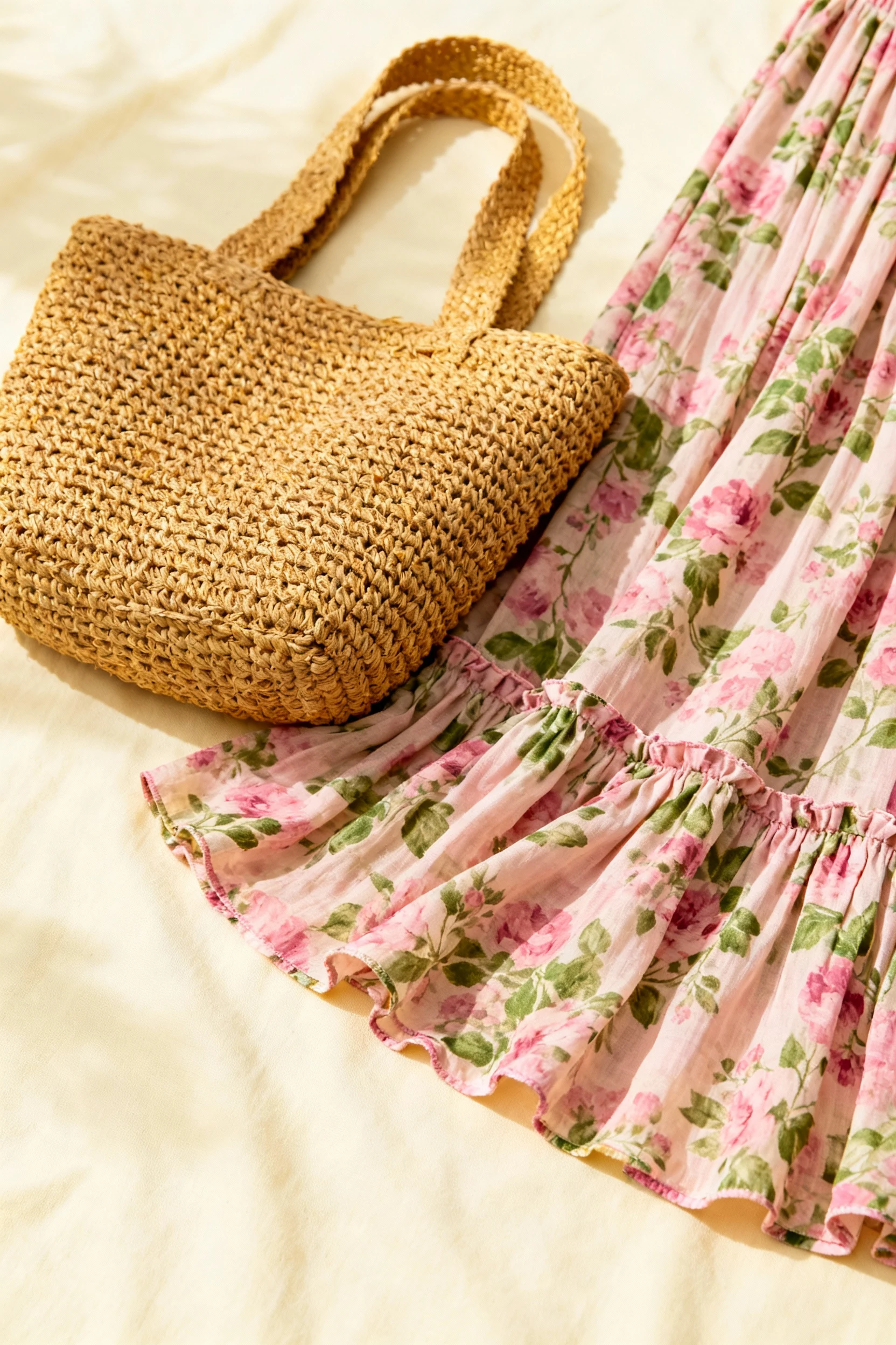 woven straw handbag next to flowy floral maxi skirt hem