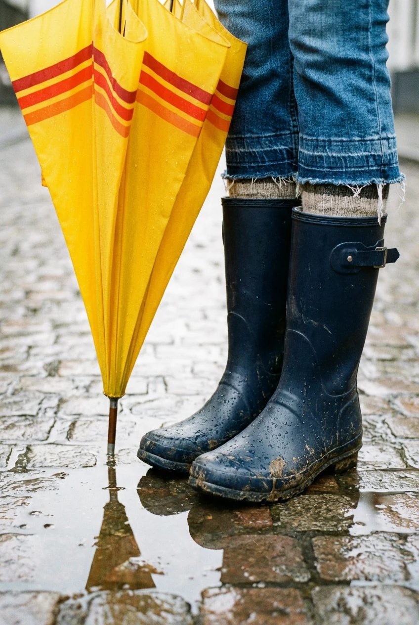 closeup navy rain boots beside bright umbrella, cropped jeans