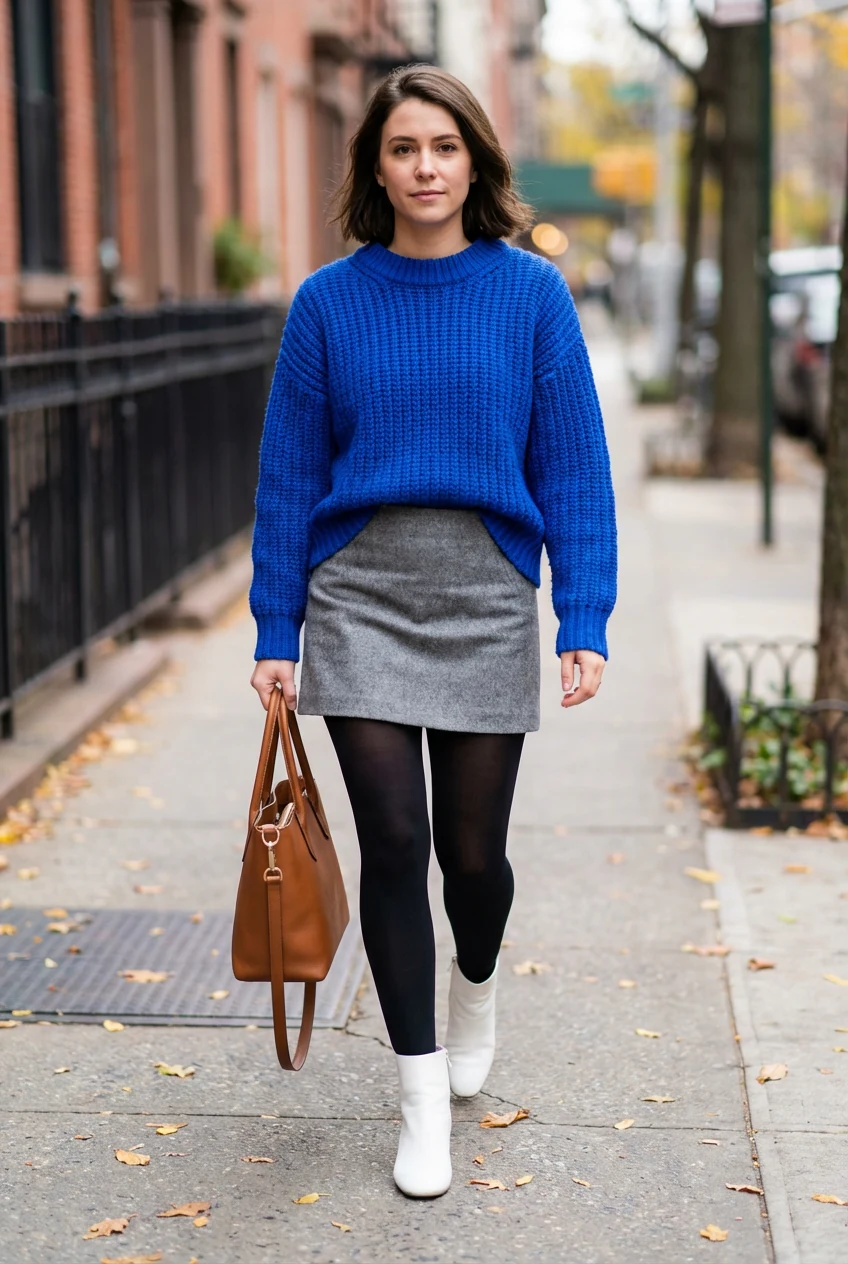 bright cobalt sweater, white boots, wool mini skirt, thermal tights