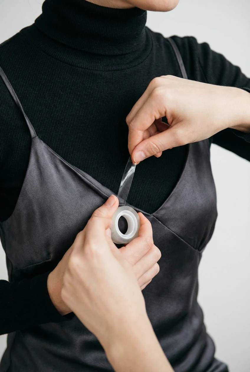 hands applying double-sided tape at turtleneck under satin slip