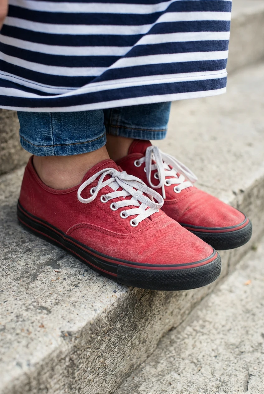 closeup red sneakers with black mini hem, striped tee