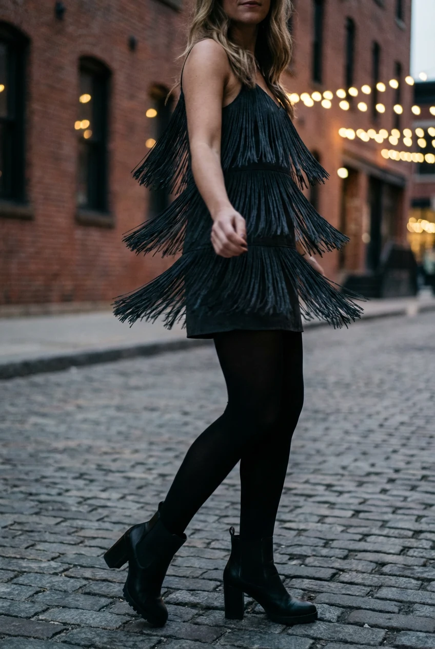 fringe mini dress swishing, opaque tights, black block heels